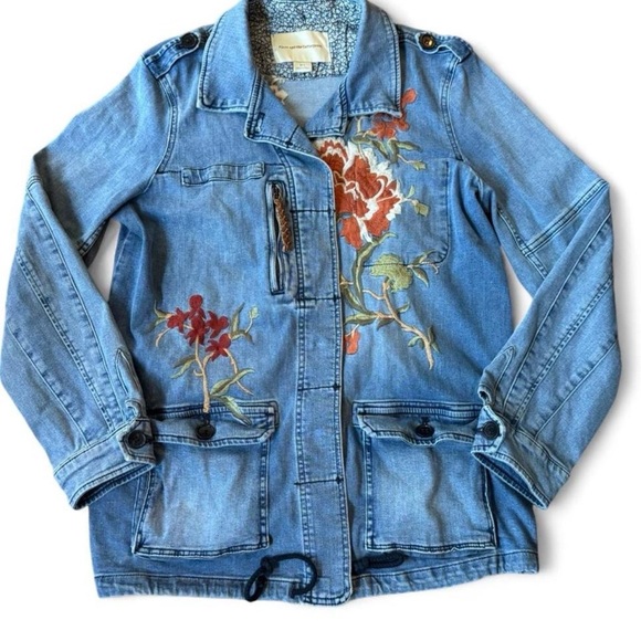 Pilcro Anthropologie Embroidered Floral Denim Utility Jacket Boho Small - Picture 6 of 6
